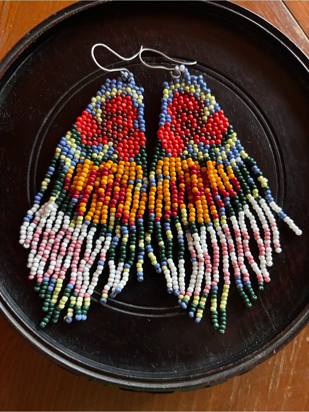 Handmade Long Seed Bead Floral Motif Pierced Earrings 925 Sterling Silver Wire